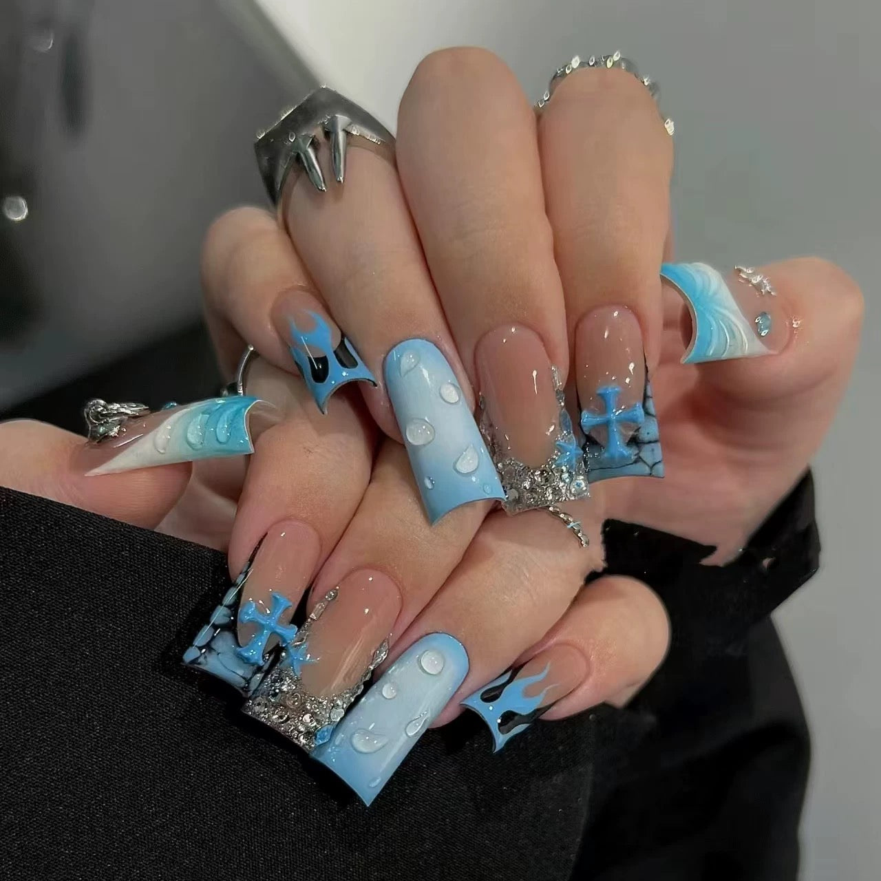 Blue Flame Duck Tip Press-On Nails – 3D Water Droplets & Crystal Accents
