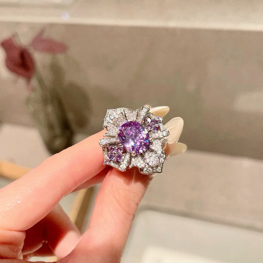 Luxury Purple Gemstone Ring with Diamond Accent - Elegant Floral Design, Perfect for Special Occasions 💍