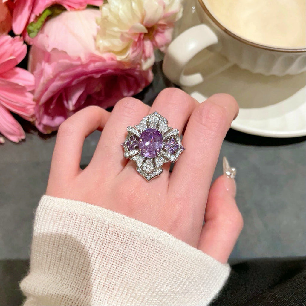Luxury Purple Gemstone Ring with Diamond Accent - Elegant Floral Design, Perfect for Special Occasions 💍