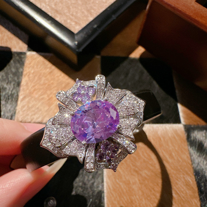 Luxury Purple Gemstone Ring with Diamond Accent - Elegant Floral Design, Perfect for Special Occasions 💍