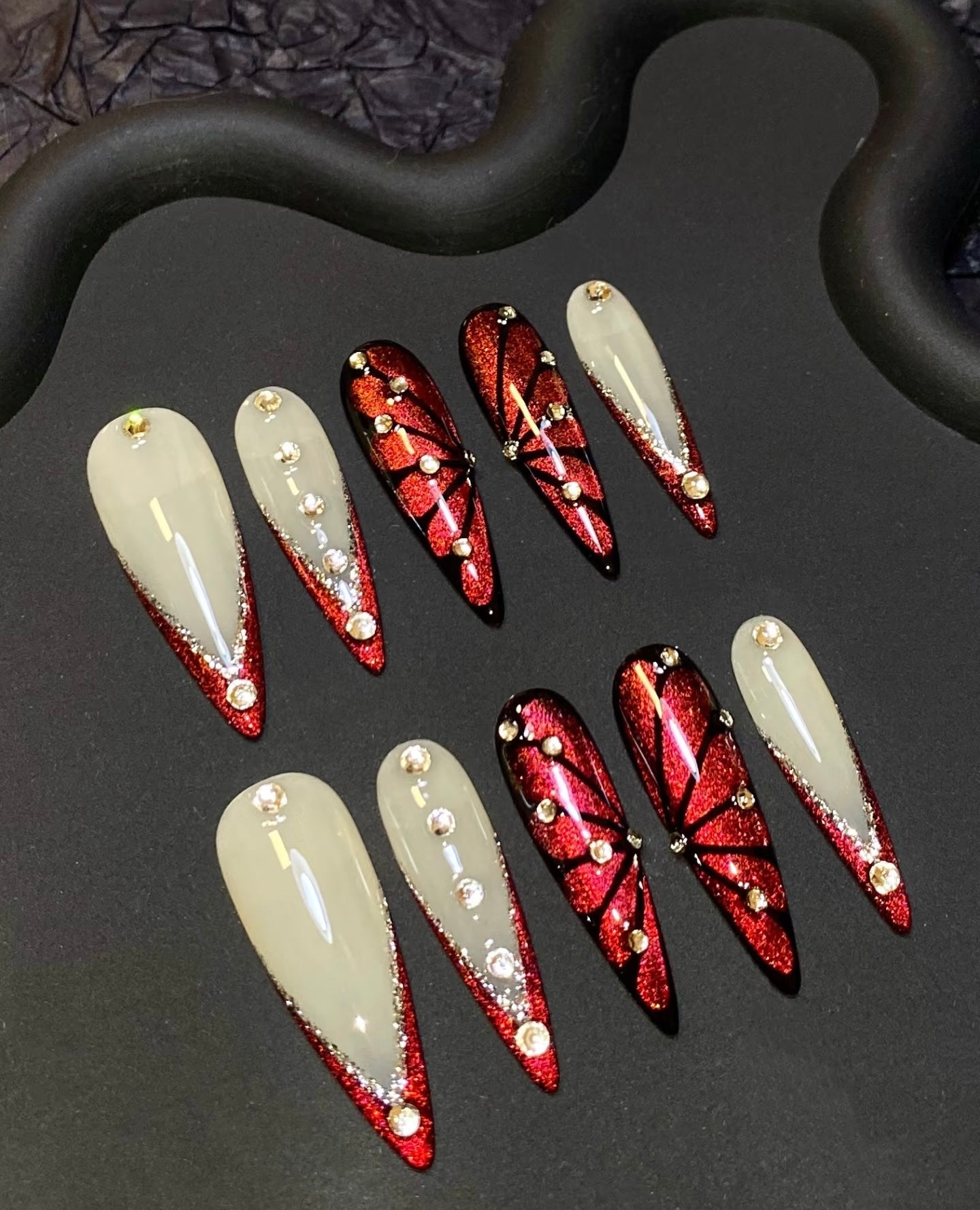 Crimson Sparkle Butterfly Press-On Nails – Stiletto Glam Set