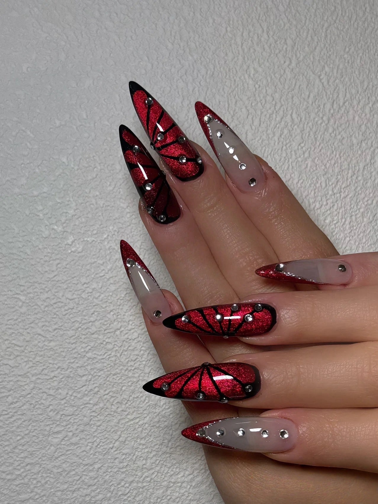 Crimson Sparkle Butterfly Press-On Nails – Stiletto Glam Set