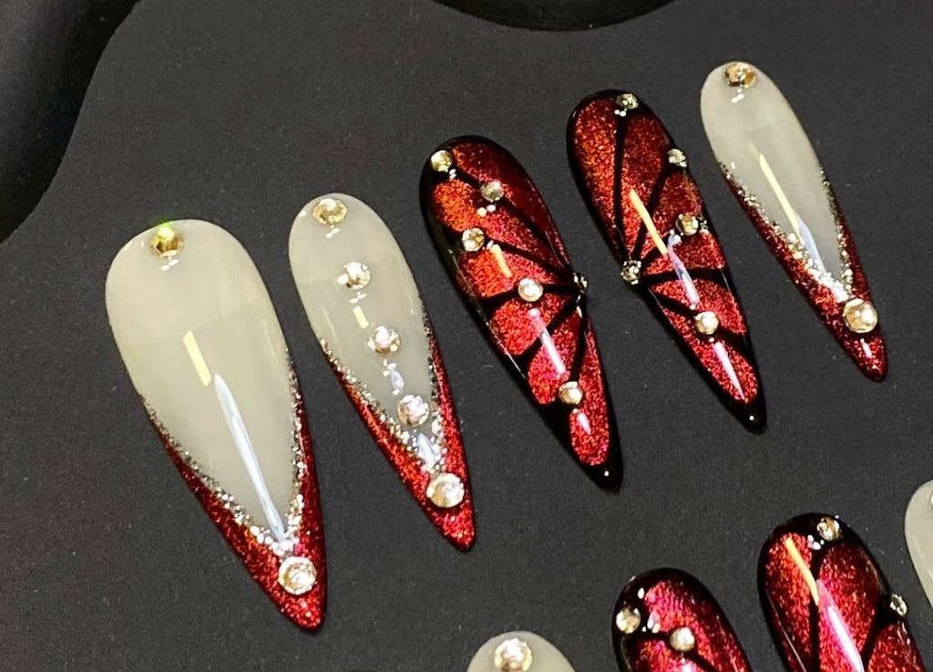 Crimson Sparkle Butterfly Press-On Nails – Stiletto Glam Set