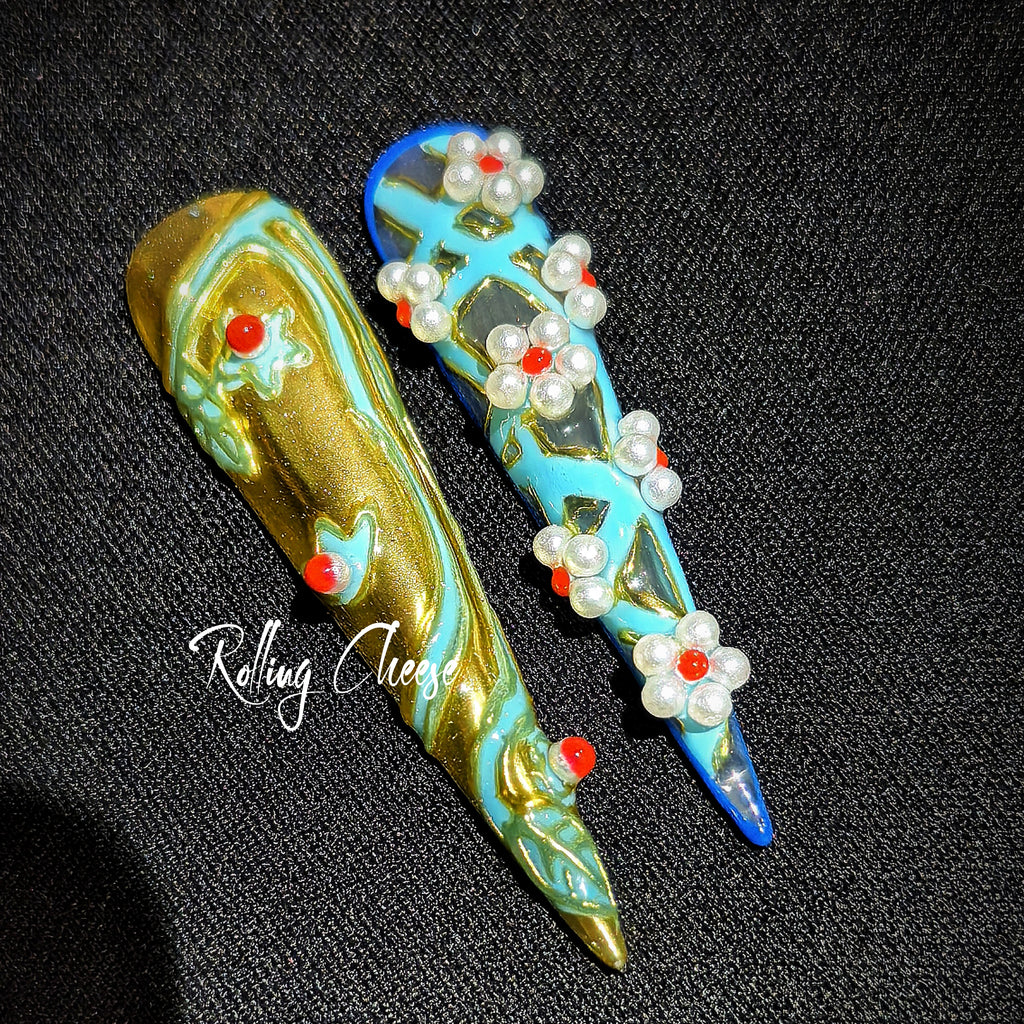 Imperial Bloom – 3D Handcrafted Press-On Nails with Pearl Flower Accents