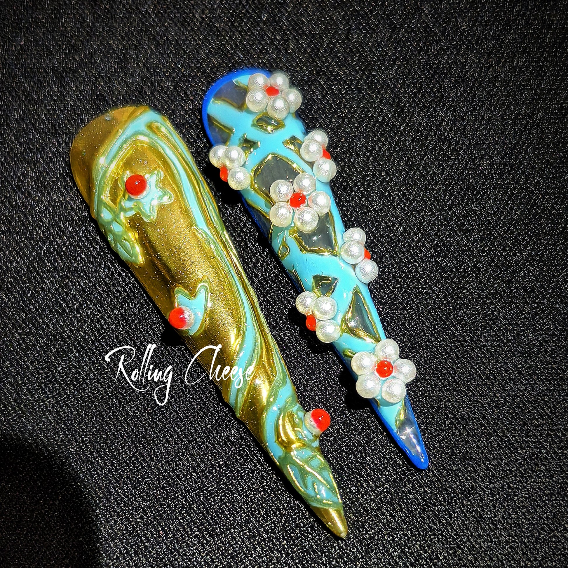 Imperial Bloom – 3D Handcrafted Press-On Nails with Pearl Flower Accents