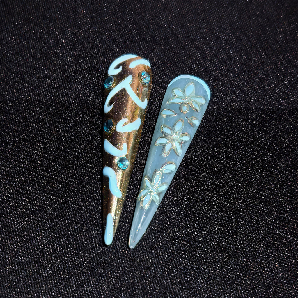 Celestial Bloom – 3D Blue & Gold Floral Press-On Nails