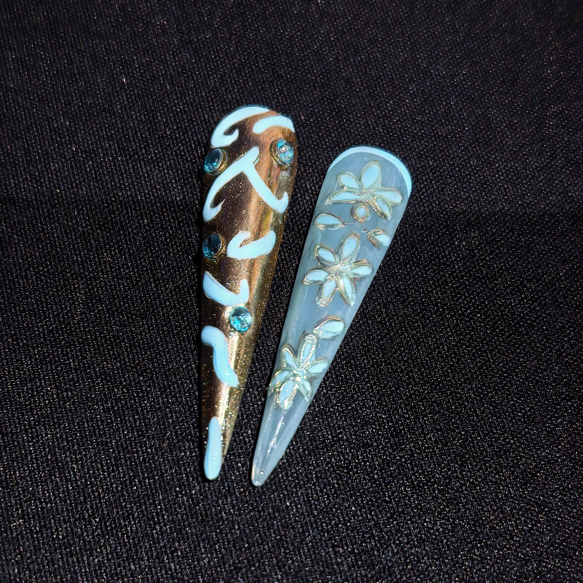 Celestial Bloom – 3D Blue & Gold Floral Press-On Nails