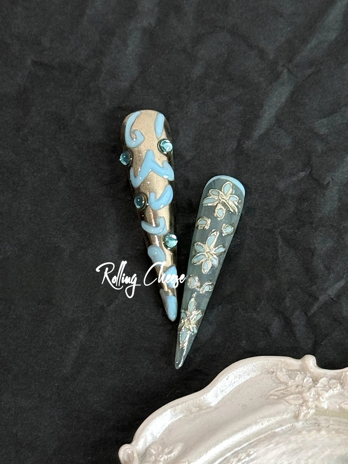 Celestial Bloom – 3D Blue & Gold Floral Press-On Nails