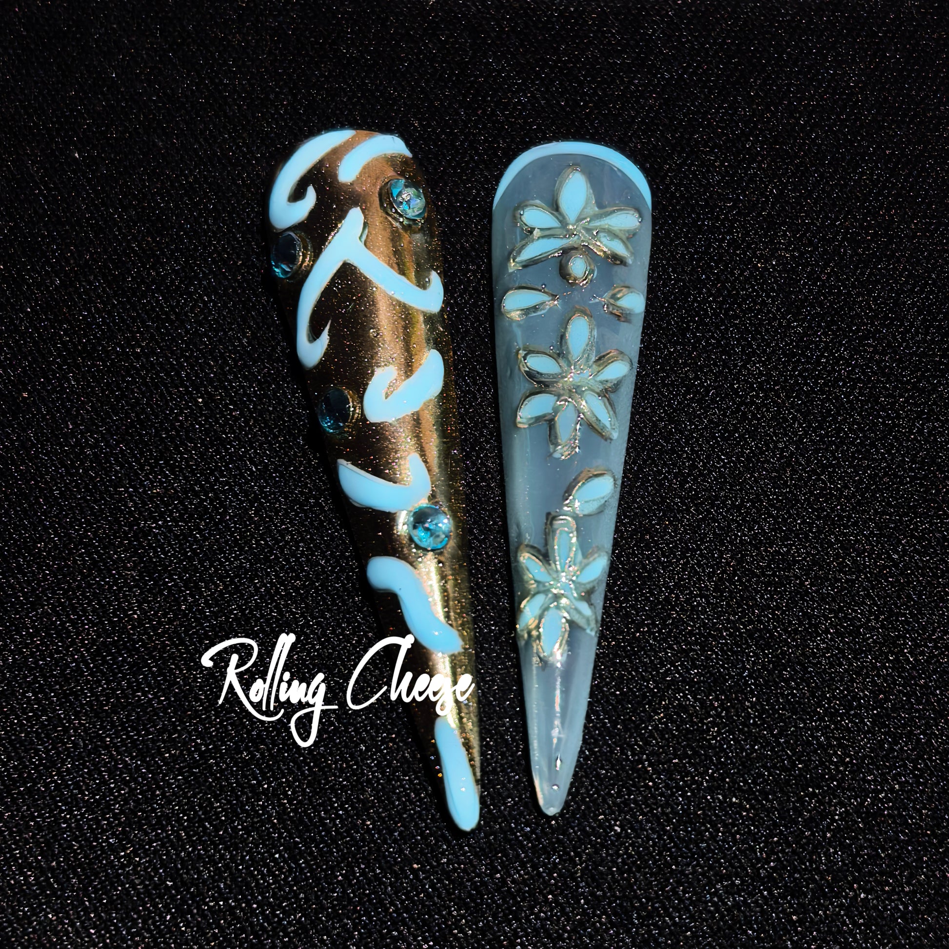 Celestial Bloom – 3D Blue & Gold Floral Press-On Nails