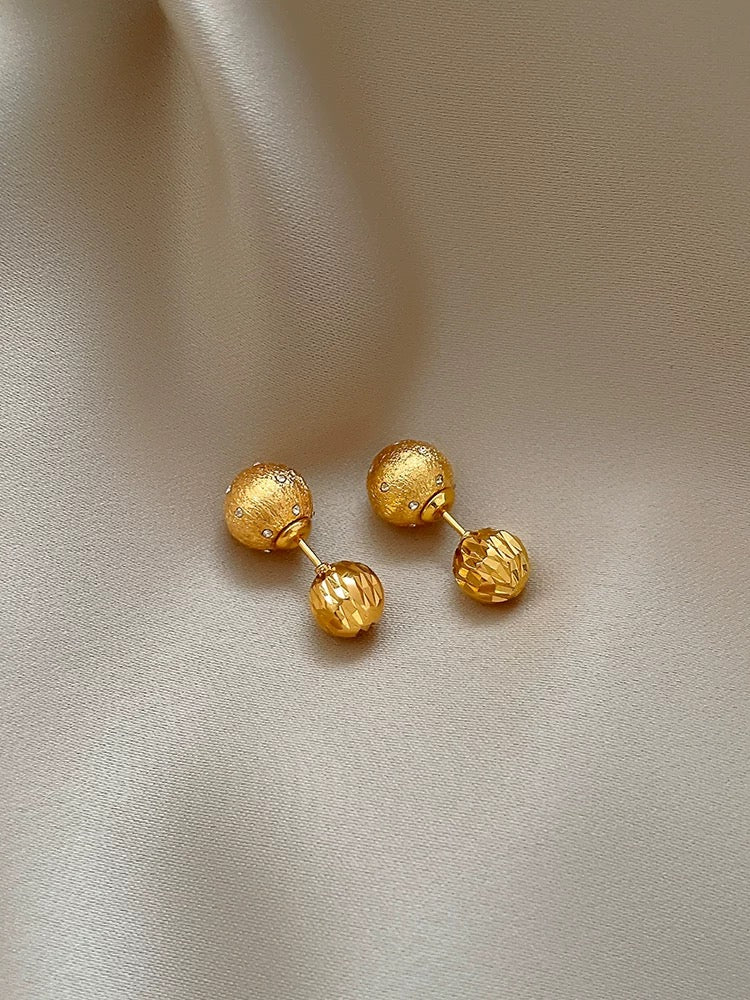 ✨ Elegant Double-Ball Gold Stud Earrings 💛 – Textured & Faceted Design