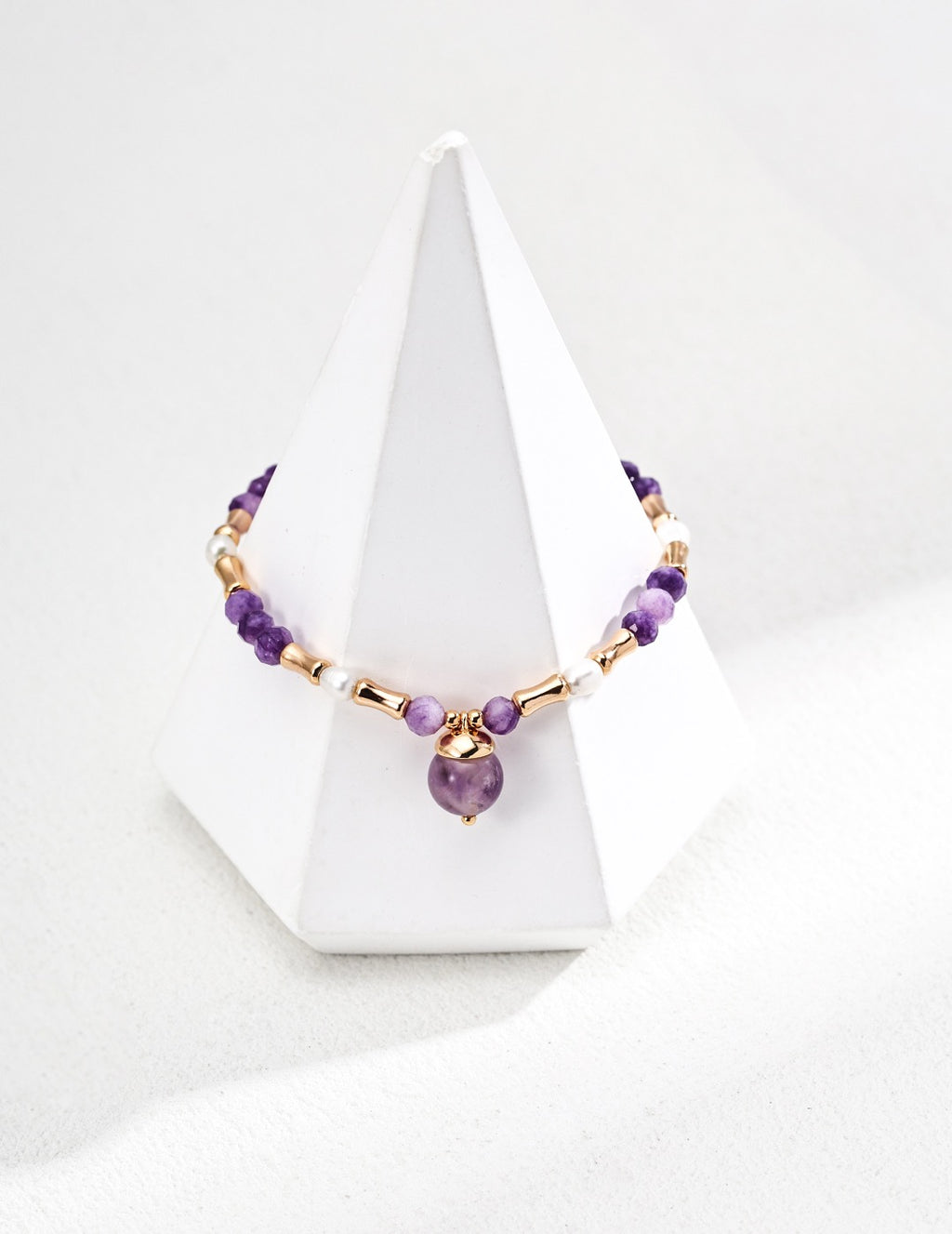925 Sterling Silver Natural Amethyst & Pearl Crystal Bracelet – Vintage Gold Adjustable Chain