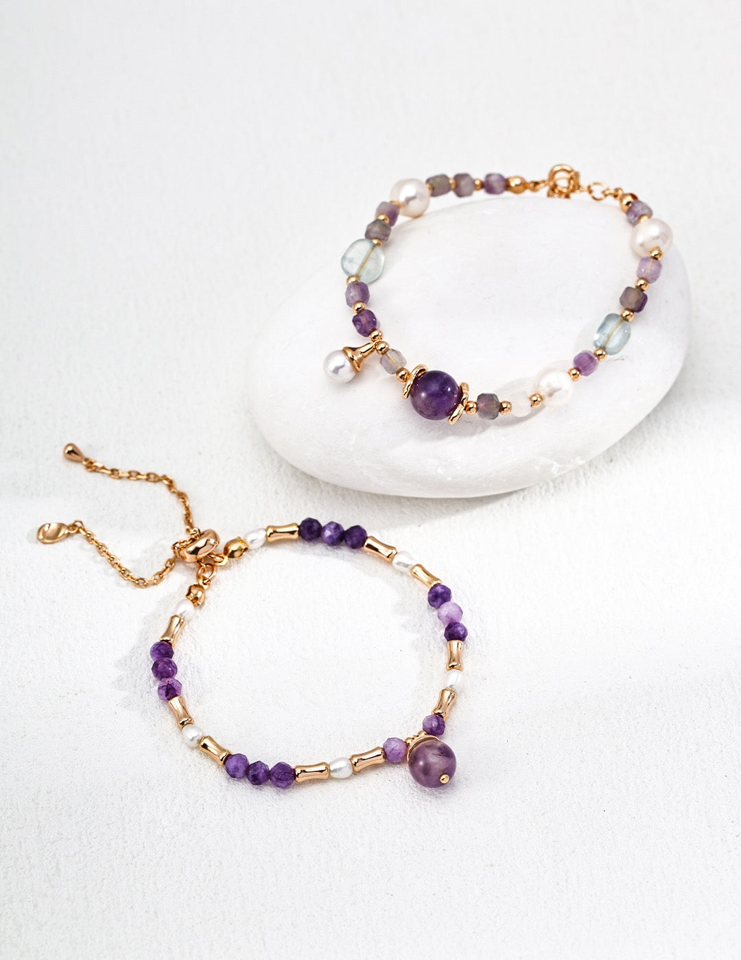 925 Sterling Silver Natural Amethyst & Pearl Crystal Bracelet – Vintage Gold Adjustable Chain