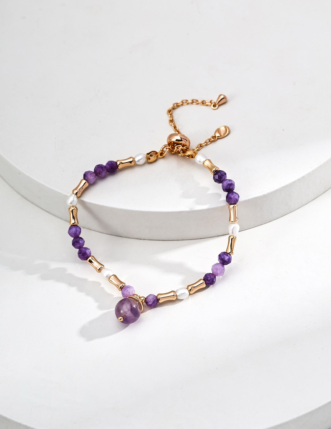 925 Sterling Silver Natural Amethyst & Pearl Crystal Bracelet – Vintage Gold Adjustable Chain
