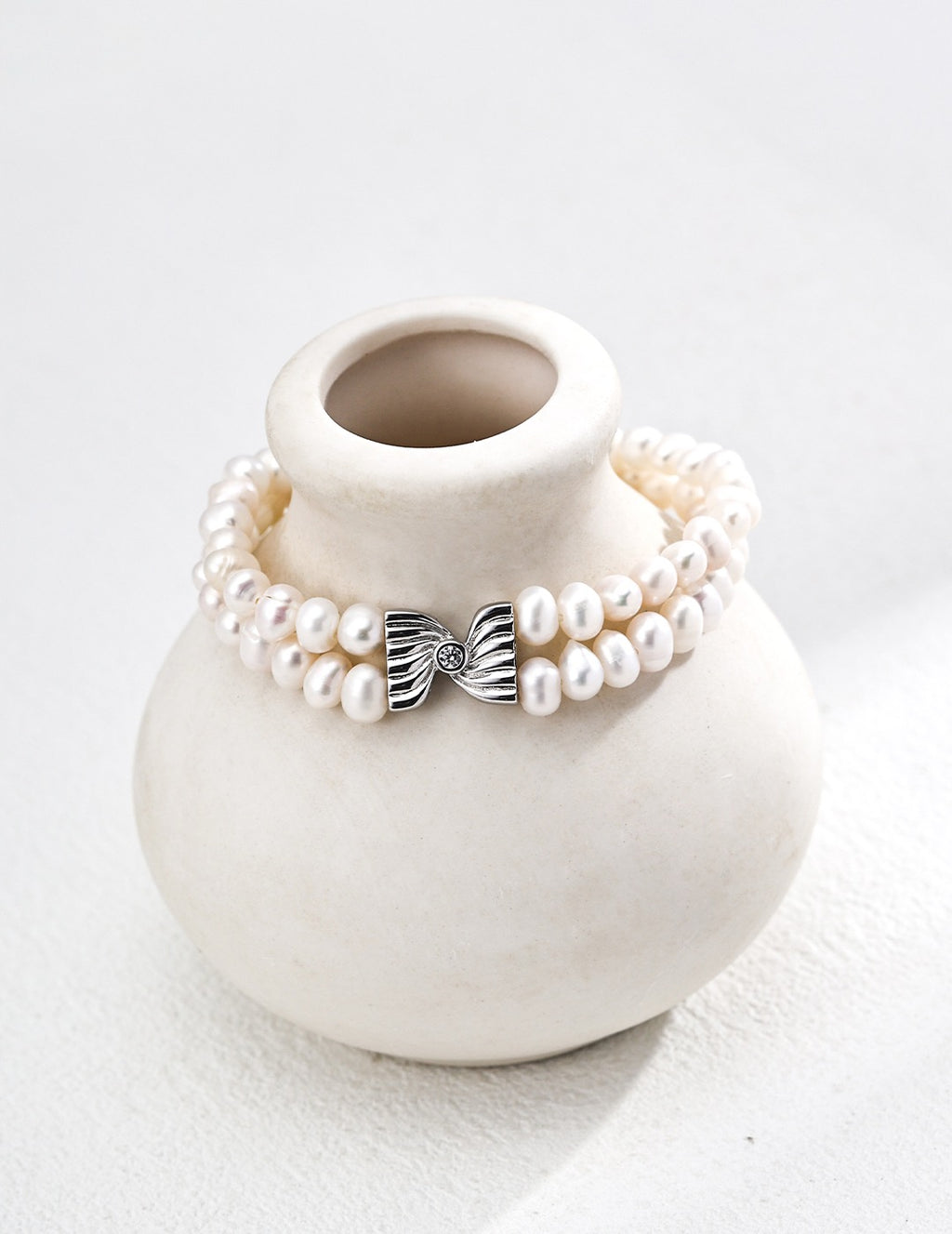 S925 Sterling Silver Freshwater Pearl Bracelet – Double-Strand with Bow Charm