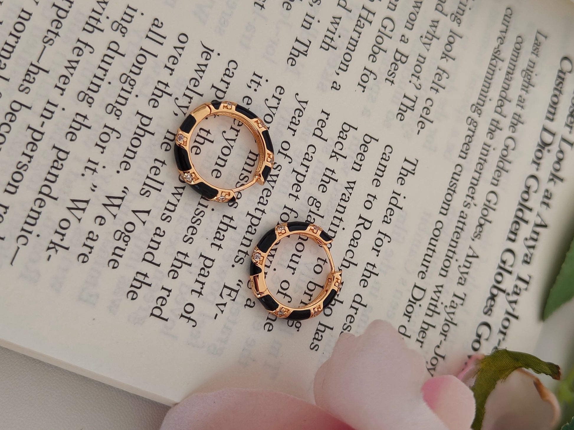 S925 Gold Vermeil Hoop Earrings – Black Enamel Drops, Minimalist Retro Style