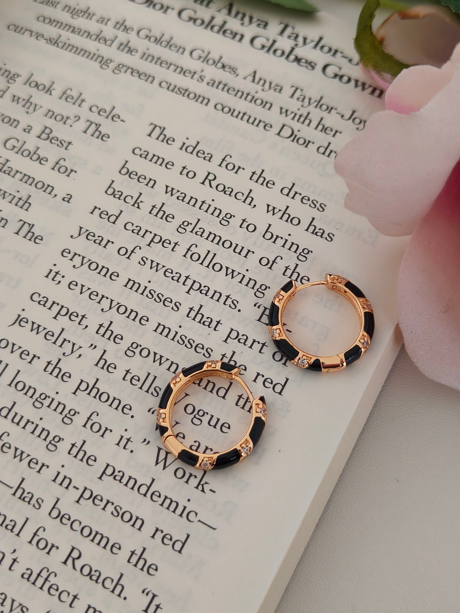 S925 Gold Vermeil Hoop Earrings – Black Enamel Drops, Minimalist Retro Style