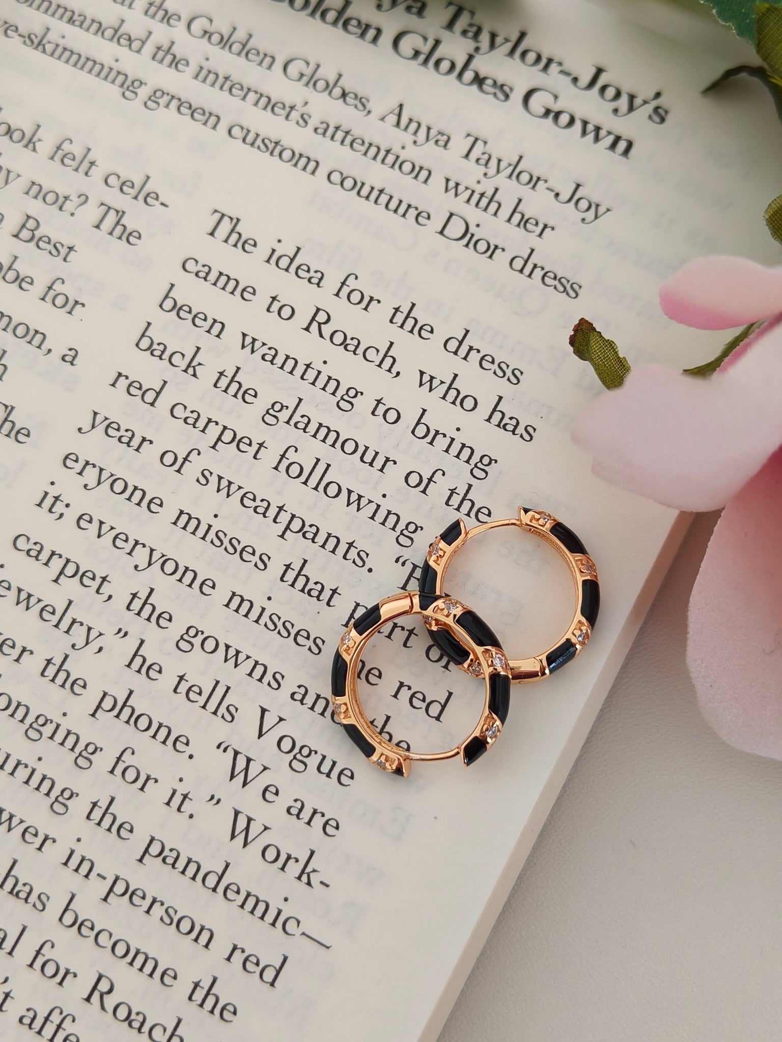 S925 Gold Vermeil Hoop Earrings – Black Enamel Drops, Minimalist Retro Style