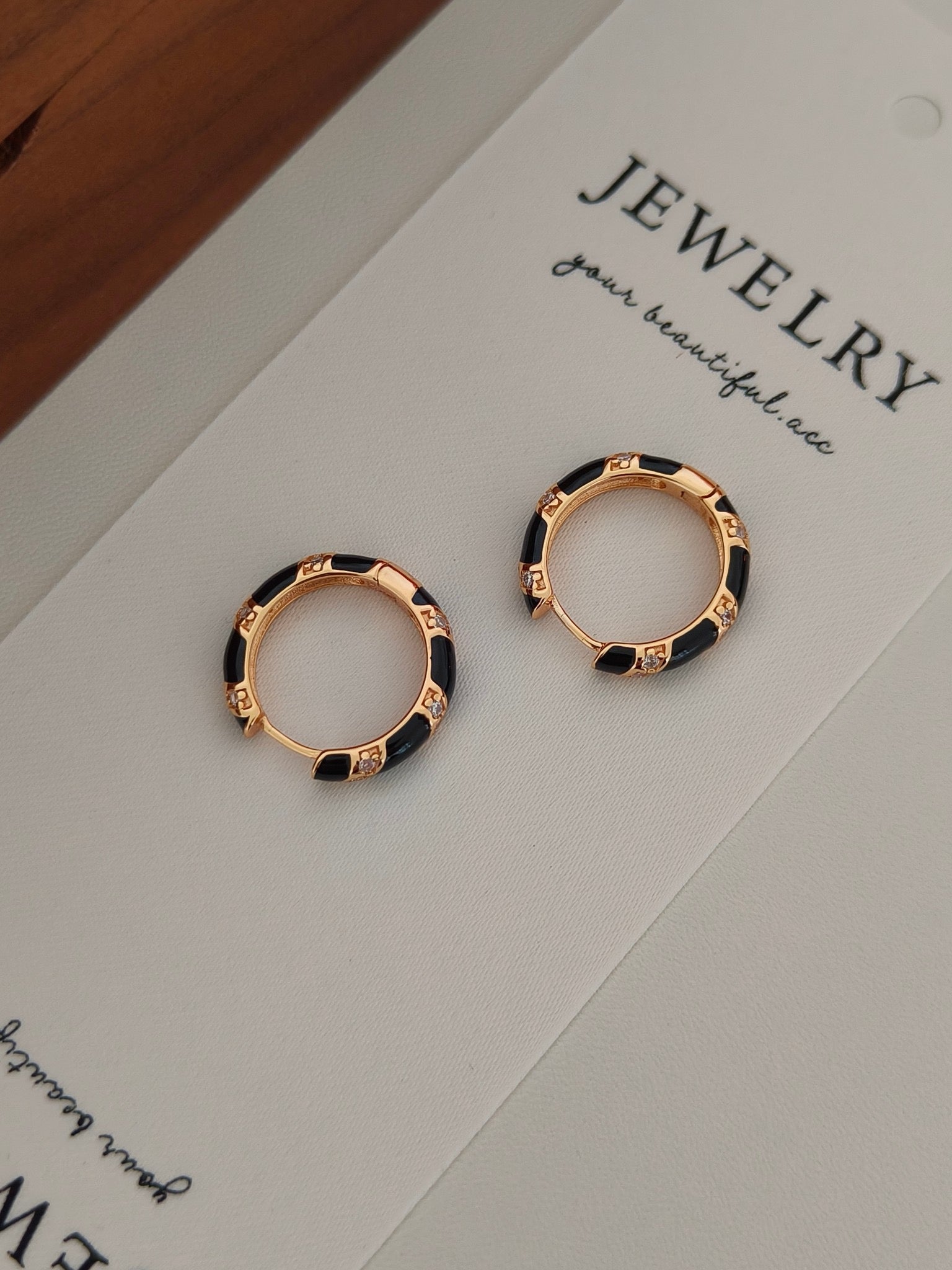 S925 Gold Vermeil Hoop Earrings – Black Enamel Drops, Minimalist Retro Style