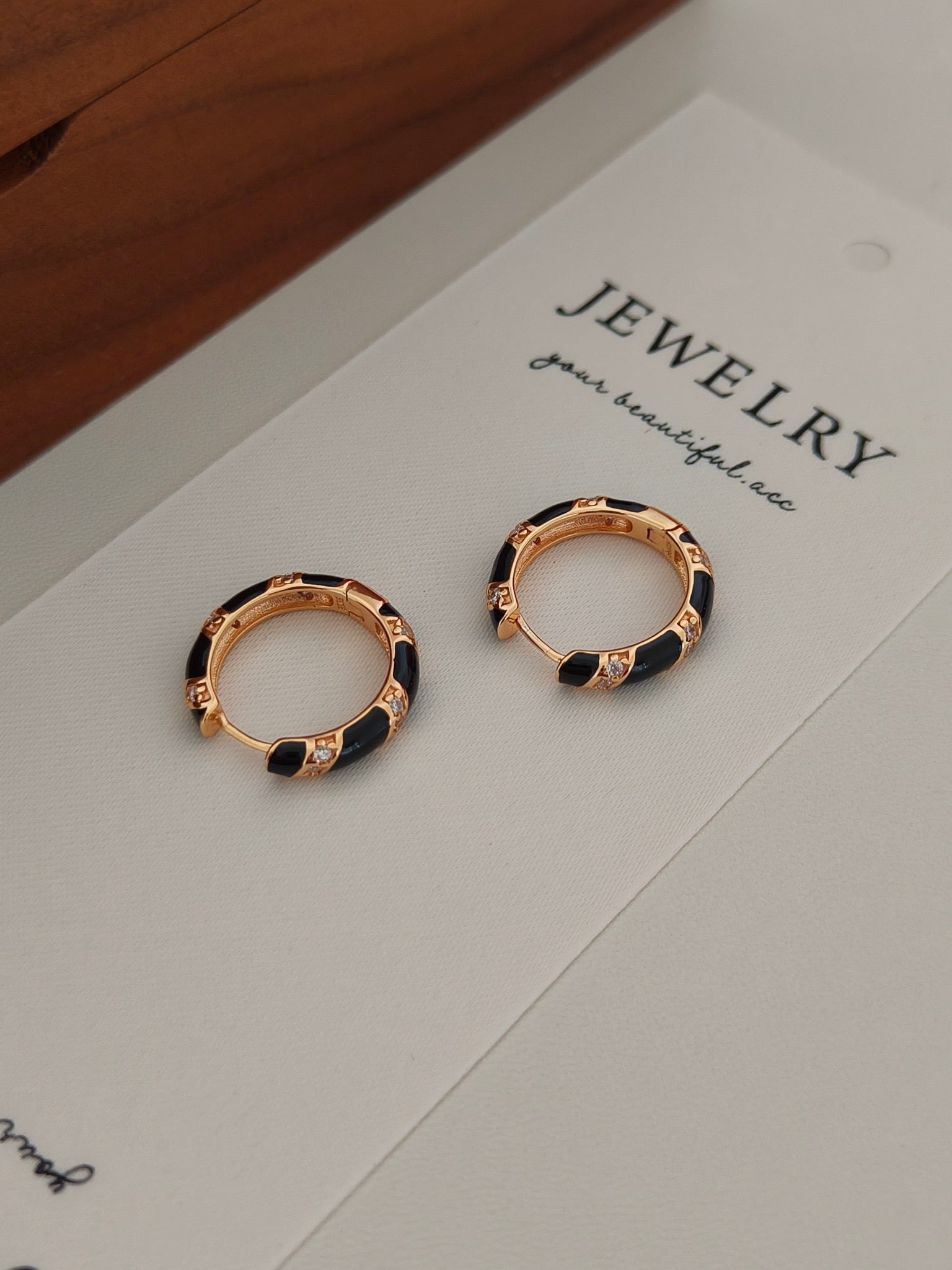 S925 Gold Vermeil Hoop Earrings – Black Enamel Drops, Minimalist Retro Style