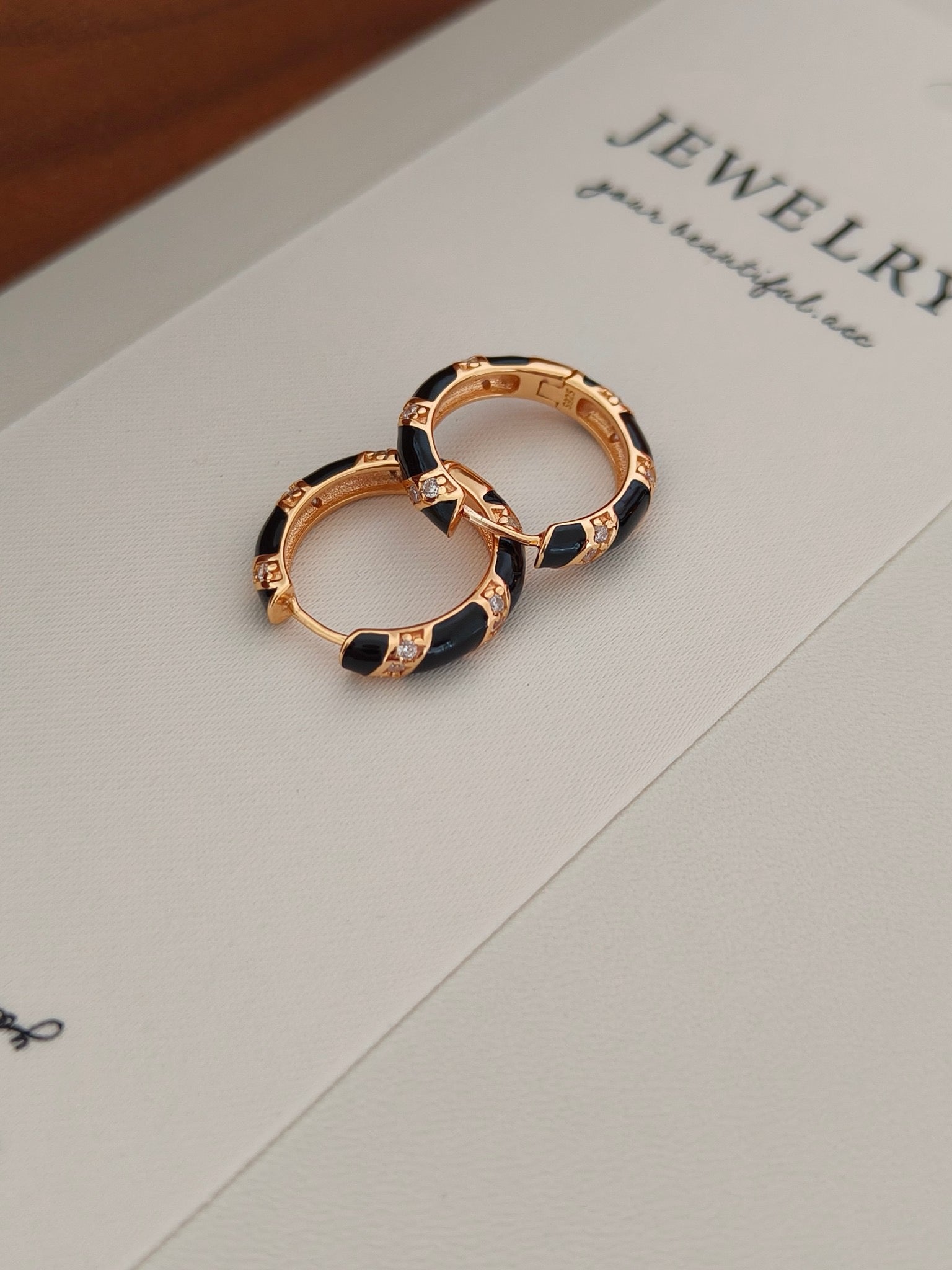 S925 Gold Vermeil Hoop Earrings – Black Enamel Drops, Minimalist Retro Style