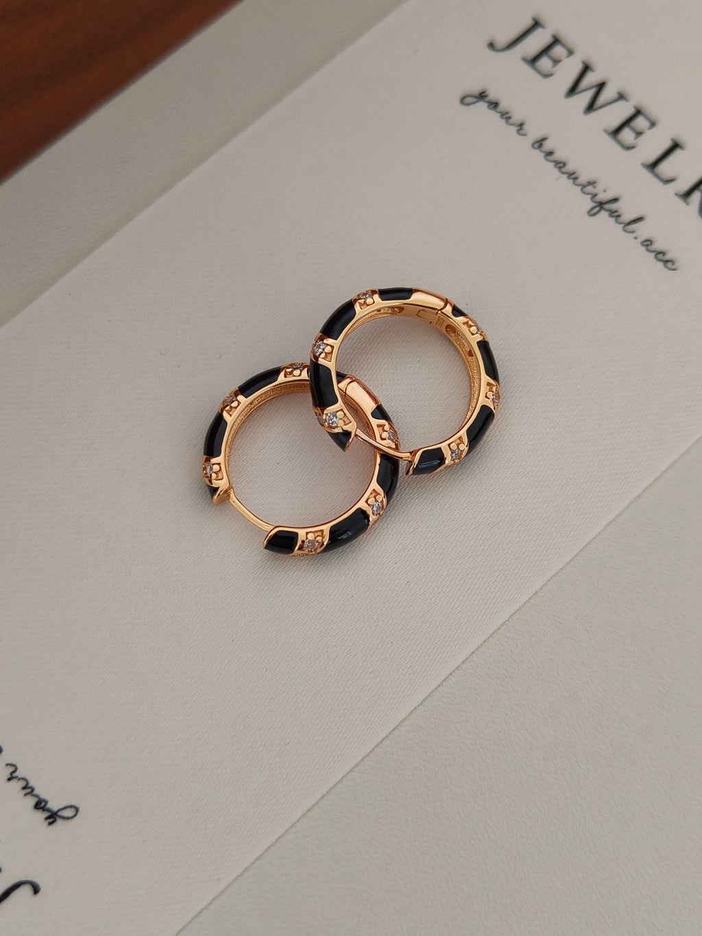 S925 Gold Vermeil Hoop Earrings – Black Enamel Drops, Minimalist Retro Style
