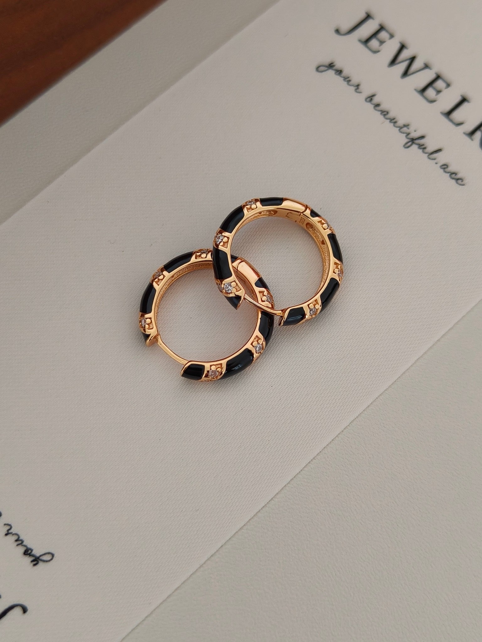 S925 Gold Vermeil Hoop Earrings – Black Enamel Drops, Minimalist Retro Style