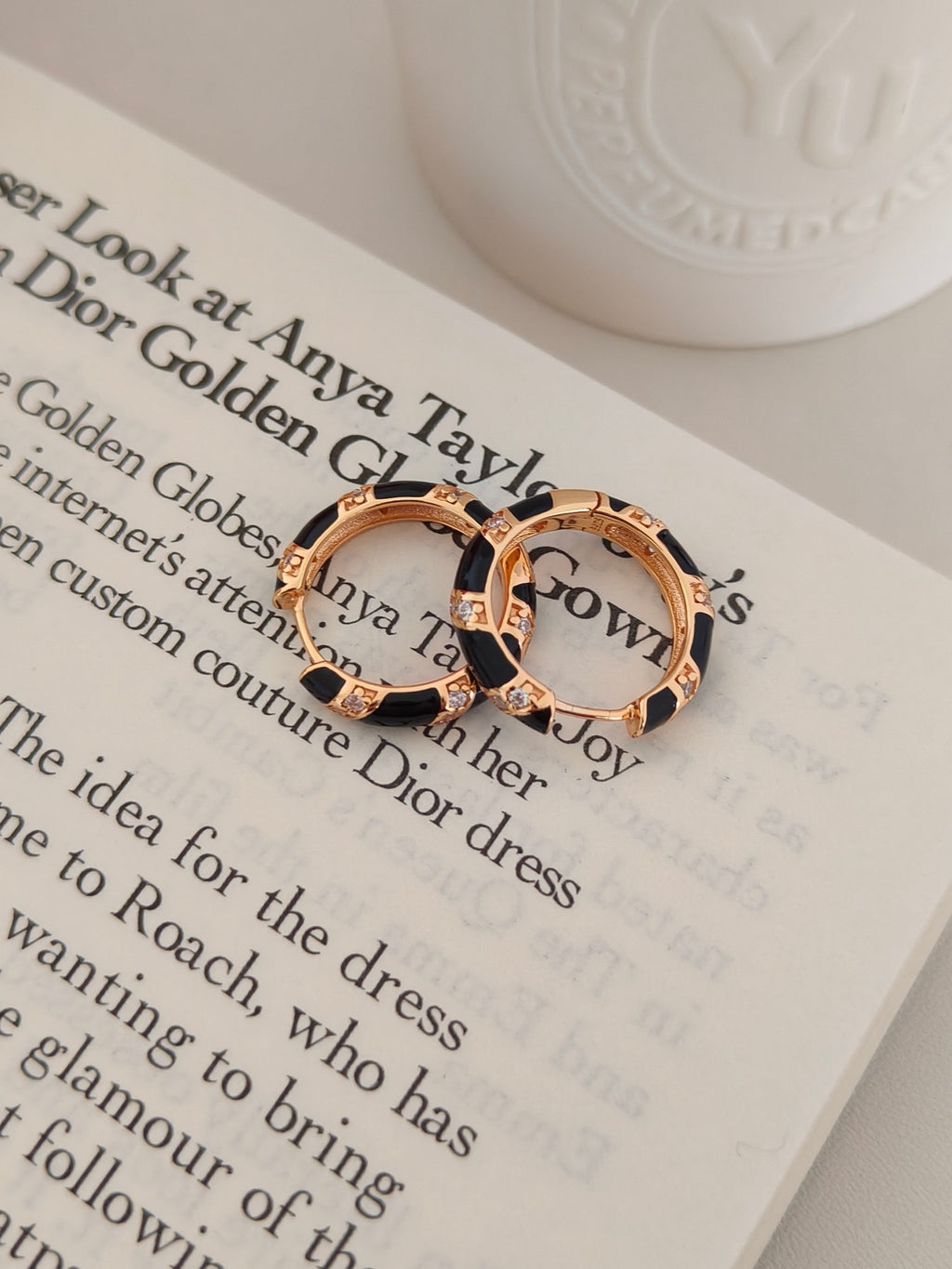S925 Gold Vermeil Hoop Earrings – Black Enamel Drops, Minimalist Retro Style
