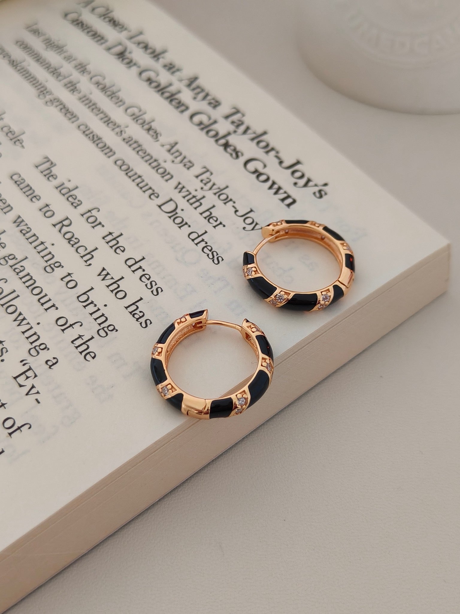 S925 Gold Vermeil Hoop Earrings – Black Enamel Drops, Minimalist Retro Style