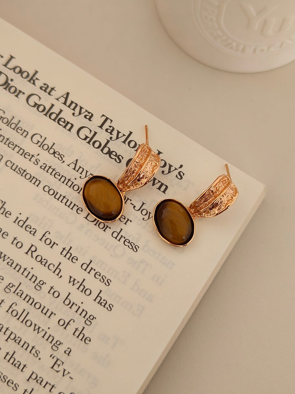 S925 Tiger Eye Gemstone Earrings – 18K Gold Vermeil Vintage Drop Hoops