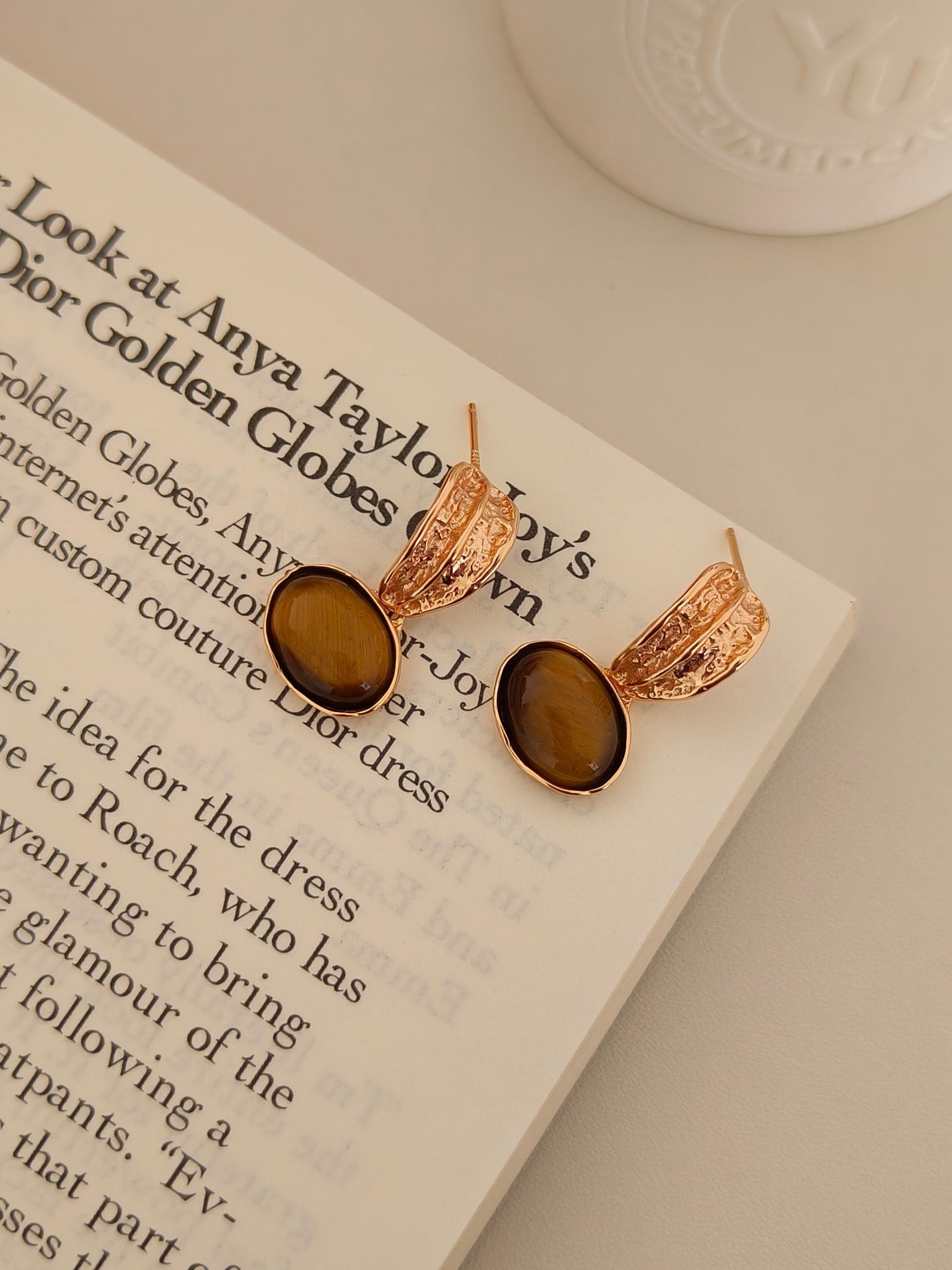 S925 Tiger Eye Gemstone Earrings – 18K Gold Vermeil Vintage Drop Hoops