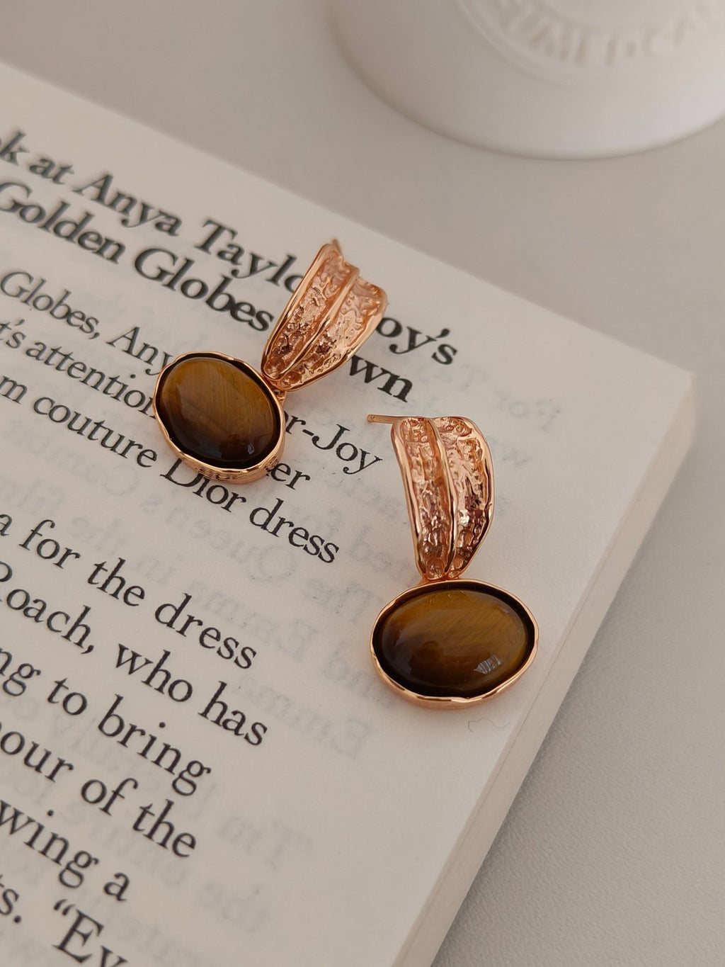 S925 Tiger Eye Gemstone Earrings – 18K Gold Vermeil Vintage Drop Hoops