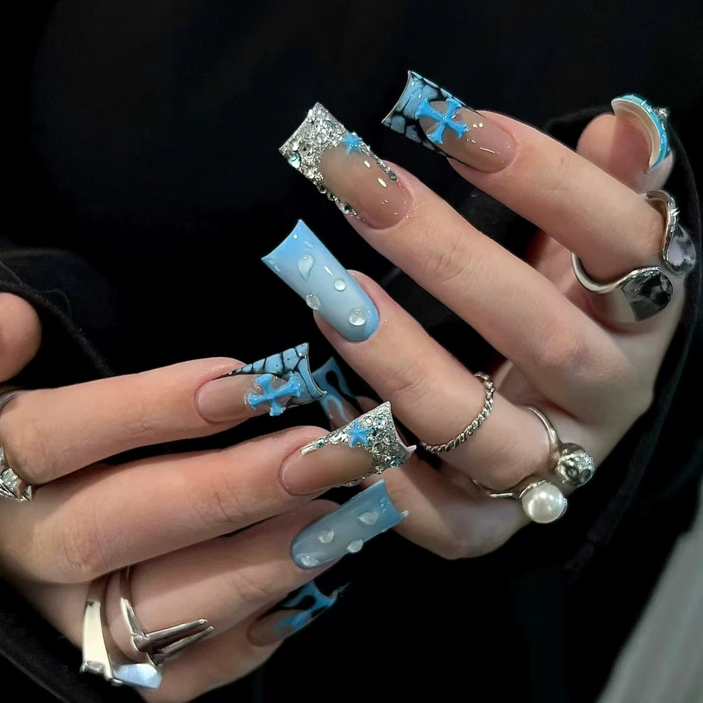 Blue Flame Duck Tip Press-On Nails – 3D Water Droplets & Crystal Accents