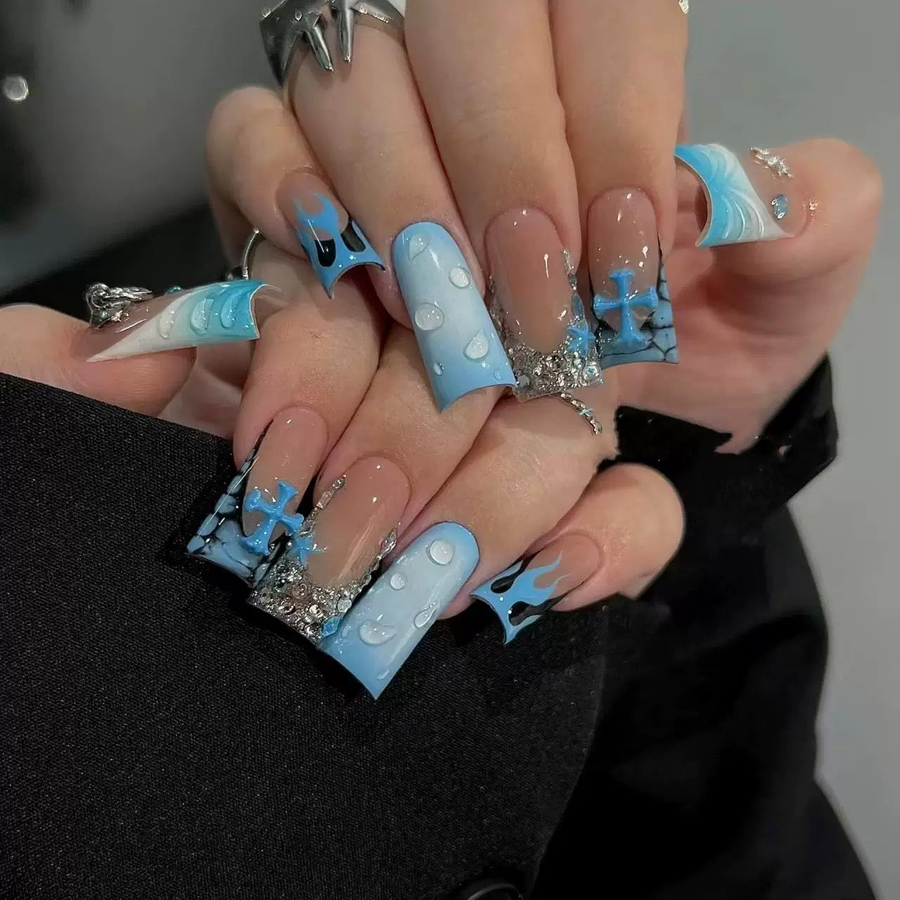 Blue Flame Duck Tip Press-On Nails – 3D Water Droplets & Crystal Accents