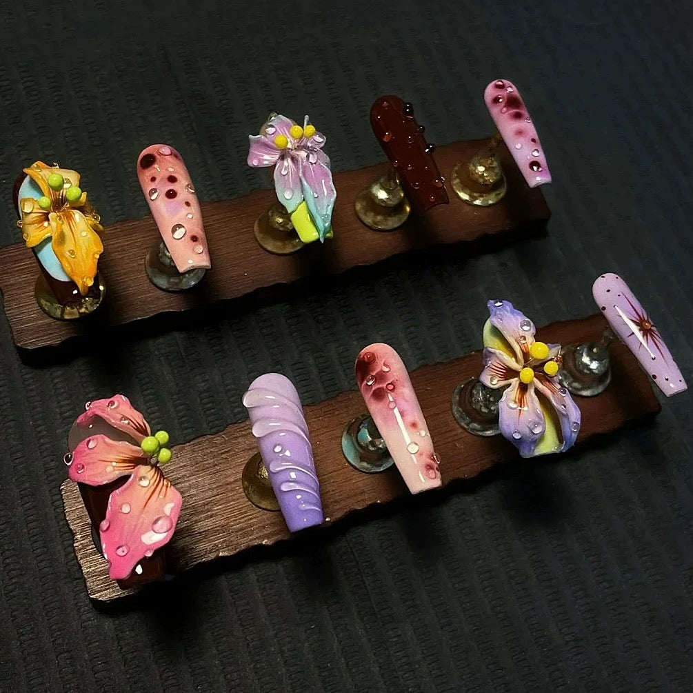 3D Orchid Flower Press-On Nails – Handmade Waterdrop Design - Coffin Shape