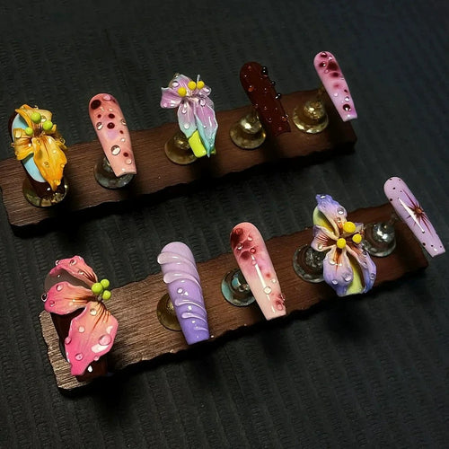 3D Orchid Flower Press-On Nails – Handmade Waterdrop Design - Coffin Shape