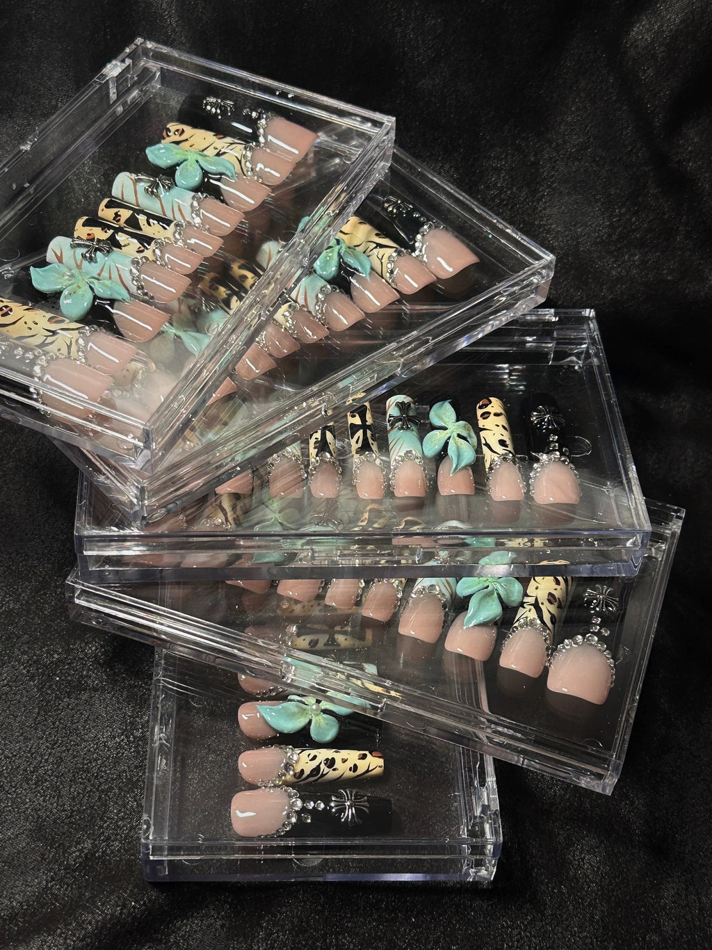 Mint Blossom & Leopard Luxe Press-On Nails – Nude Square Tips with 3D Rhinestones - Long Coffin