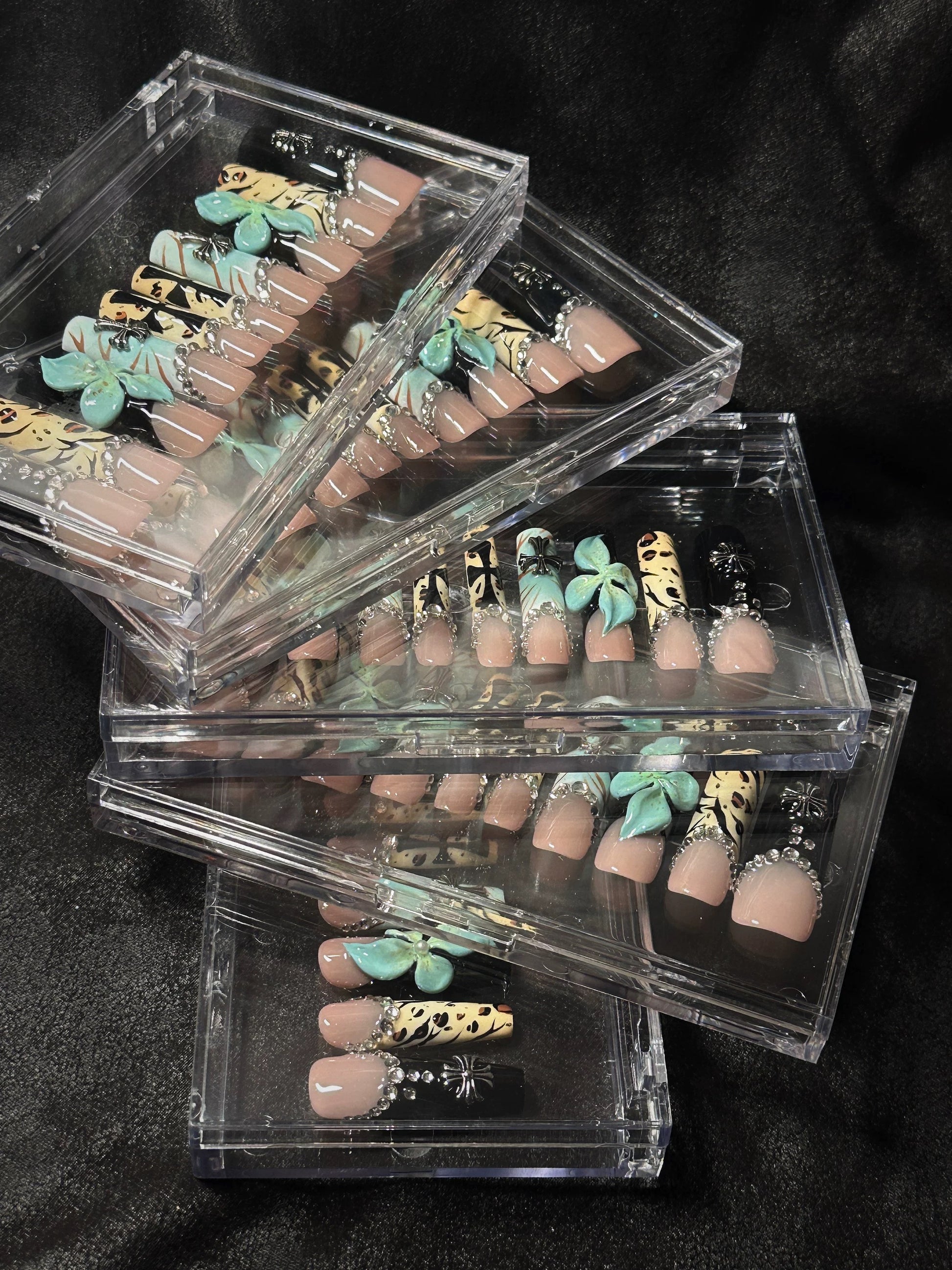 Mint Blossom & Leopard Luxe Press-On Nails – Nude Square Tips with 3D Rhinestones - Long Coffin