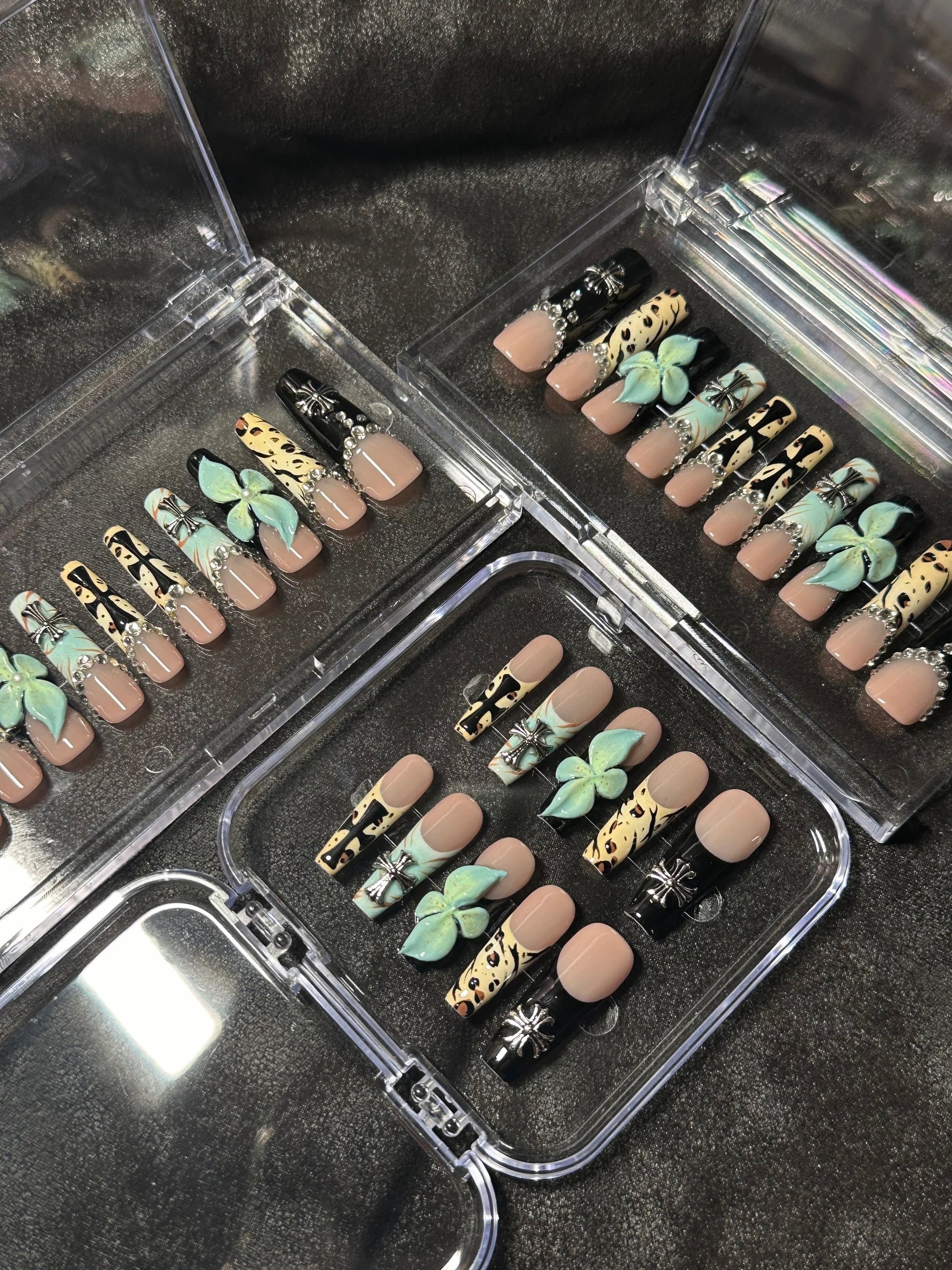 Mint Blossom & Leopard Luxe Press-On Nails – Nude Square Tips with 3D Rhinestones - Long Coffin