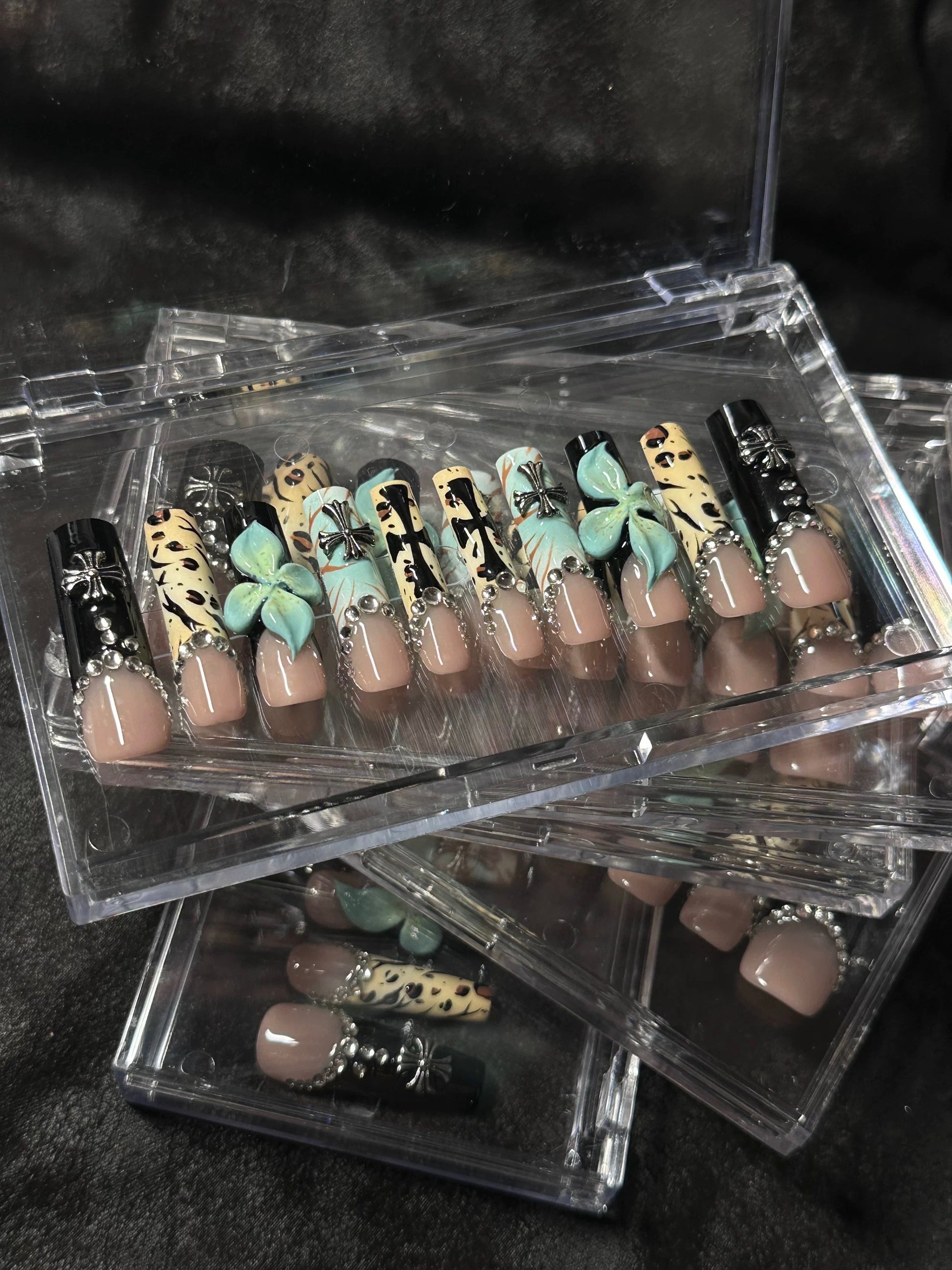 Mint Blossom & Leopard Luxe Press-On Nails – Nude Square Tips with 3D Rhinestones - Long Coffin
