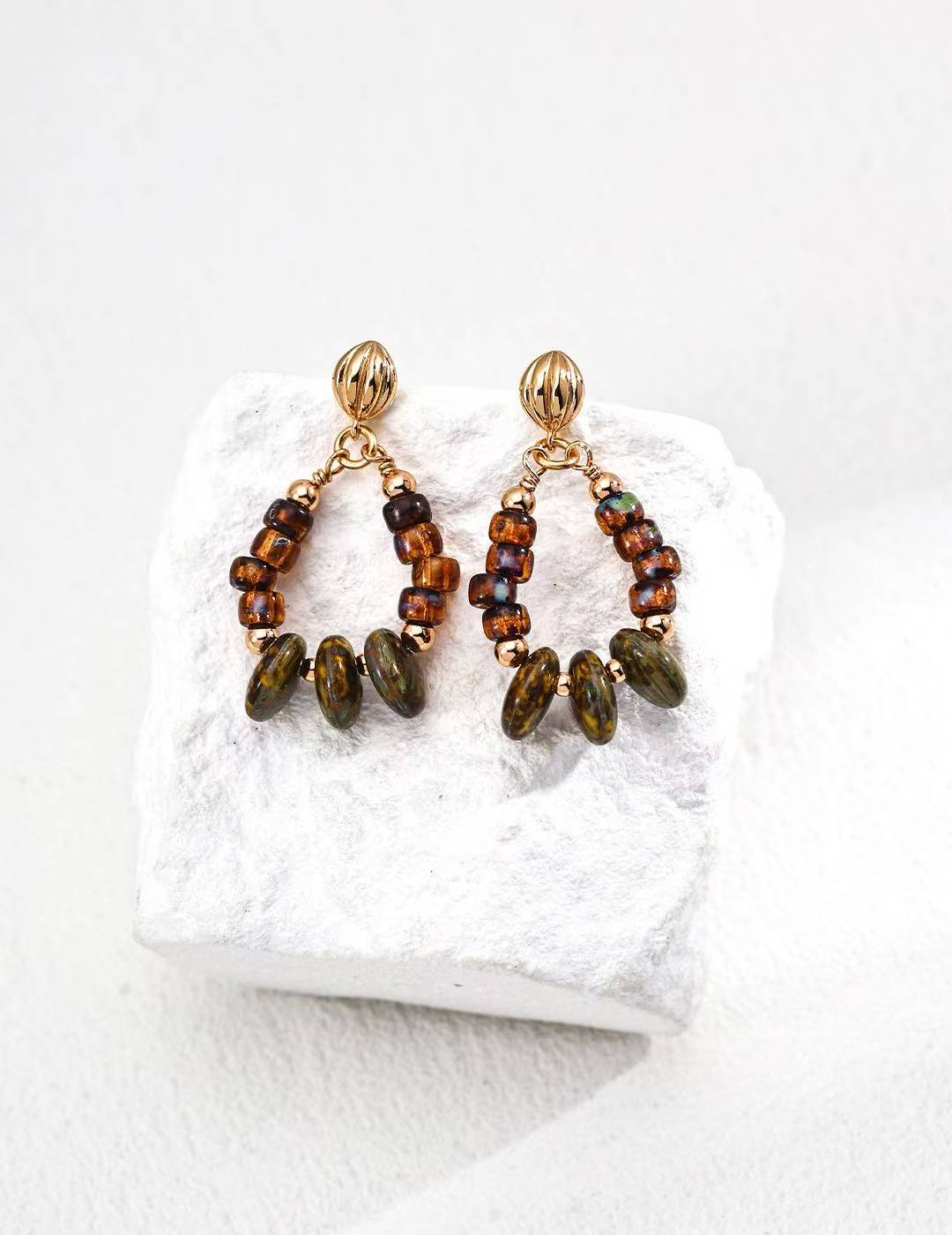 Vintage Iridescent Glass Bead Earrings – S925 Antique Gold Handmade Dangles
