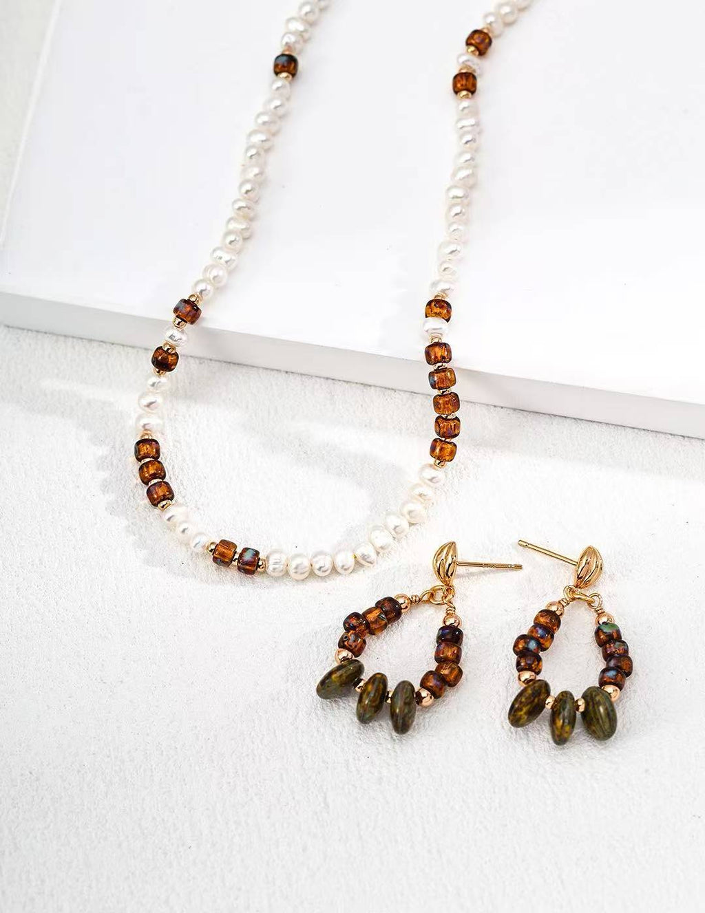 Vintage Iridescent Glass Bead Earrings – S925 Antique Gold Handmade Dangles