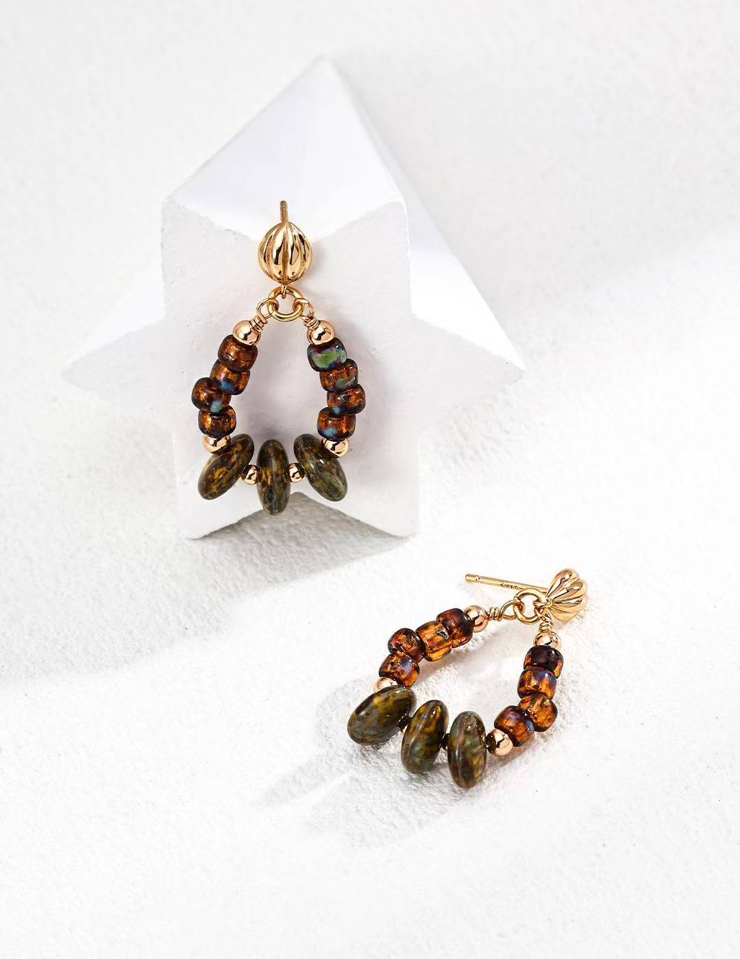Vintage Iridescent Glass Bead Earrings – S925 Antique Gold Handmade Dangles