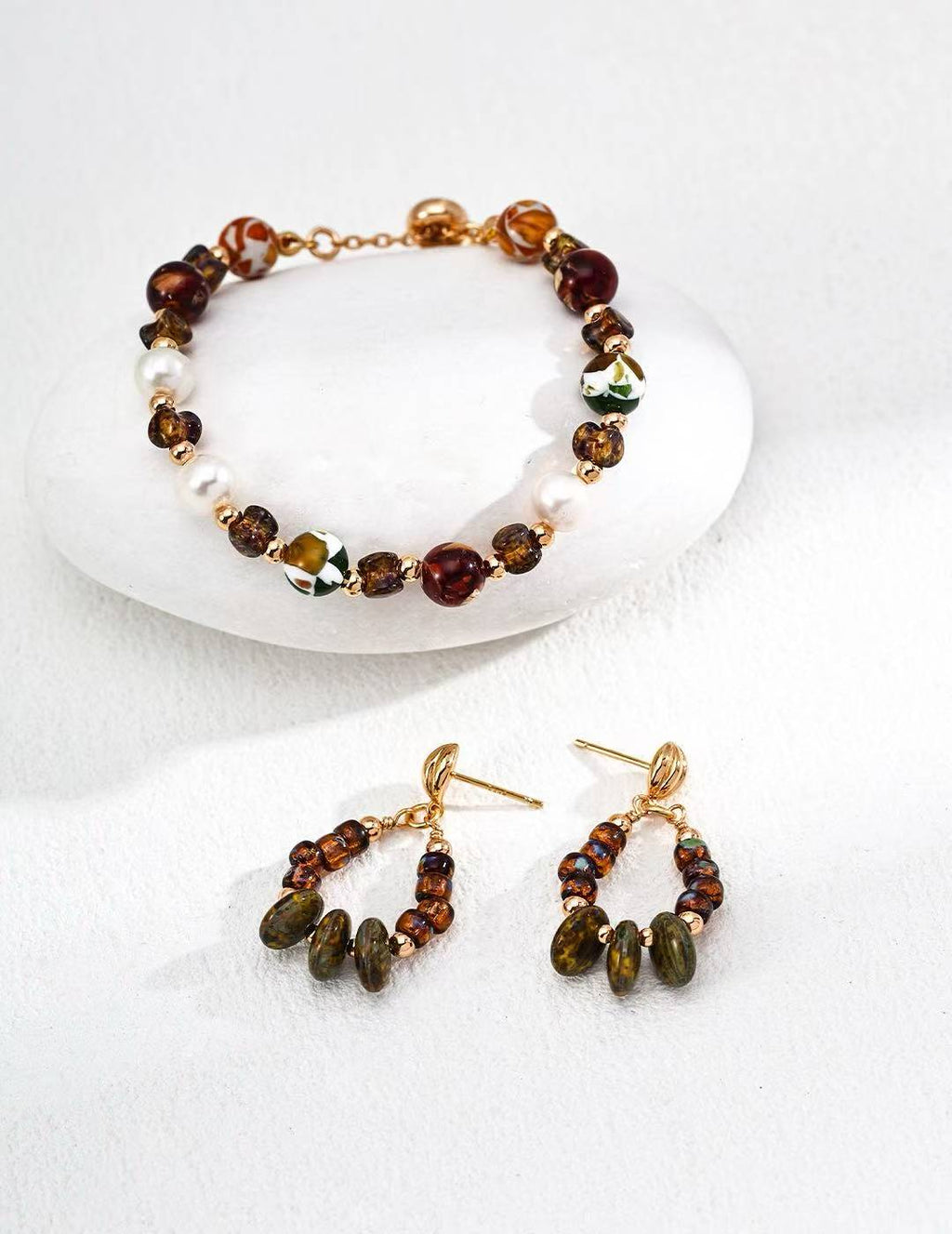 Vintage Iridescent Glass Bead Earrings – S925 Antique Gold Handmade Dangles