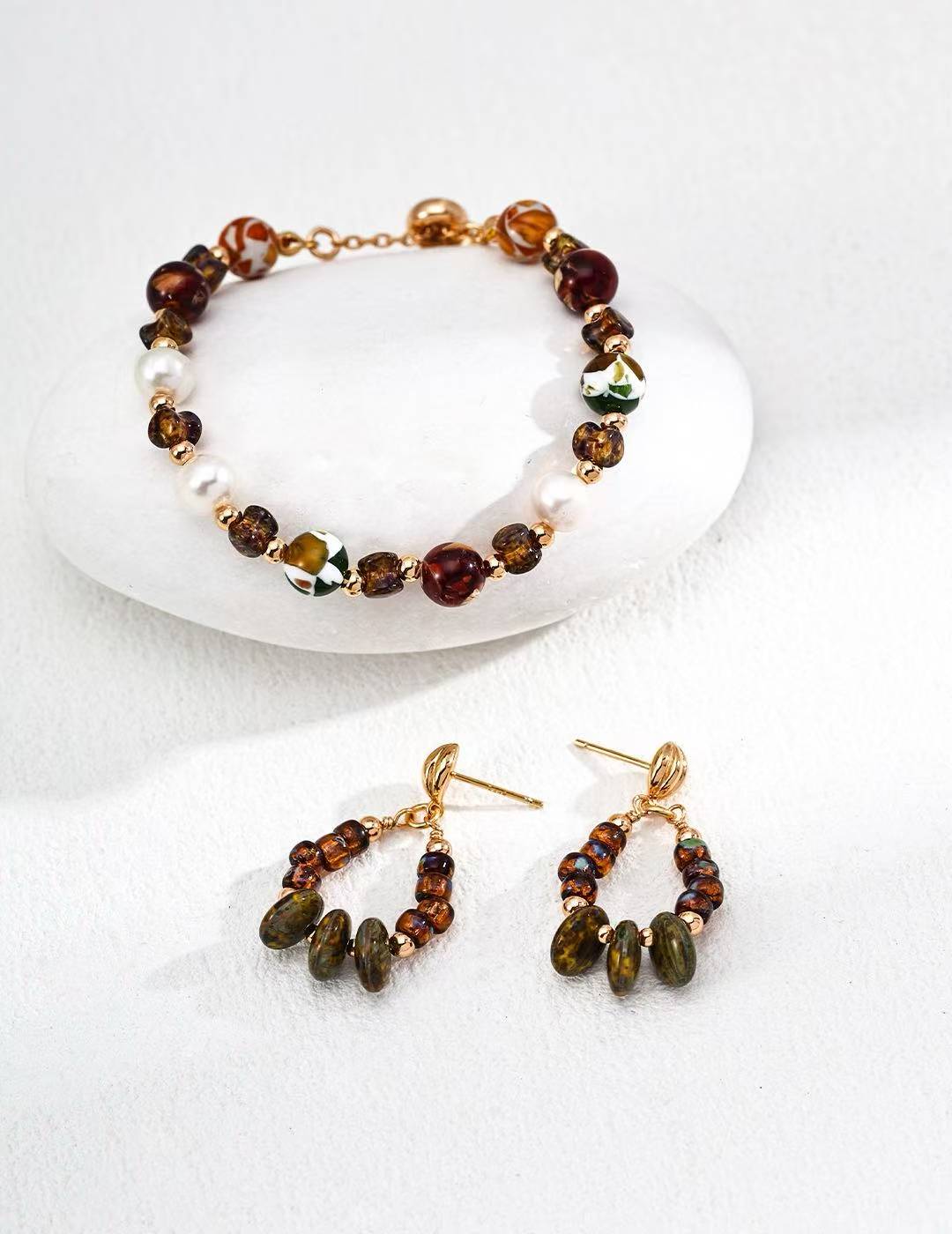 Vintage Iridescent Glass Bead Earrings – S925 Antique Gold Handmade Dangles