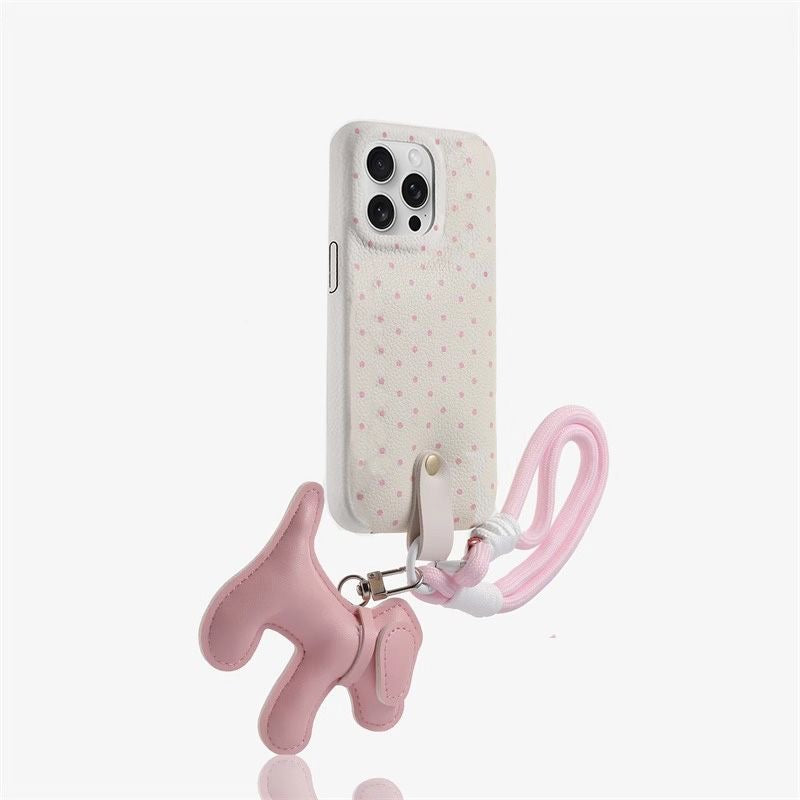 Polka Dot Dog Charm Phone Case with Lanyard – Cute Soft Shell Cover
