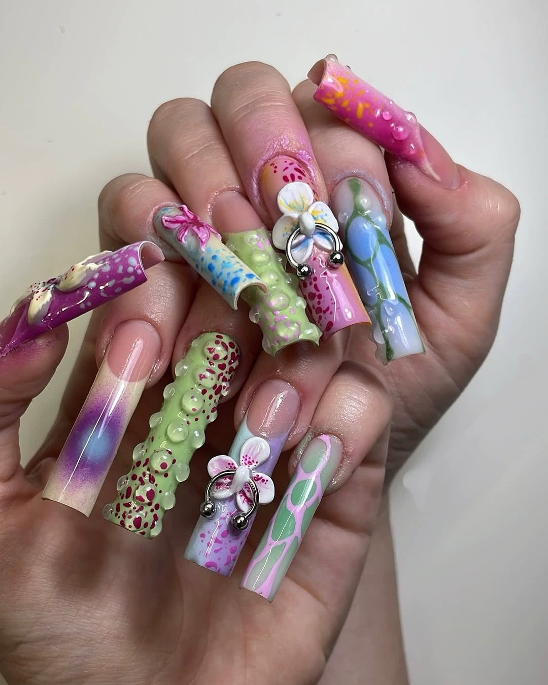 Bold 3D Floral Press-On Nails – Handmade Color Pop Design with Piercing Detail - Straight Square