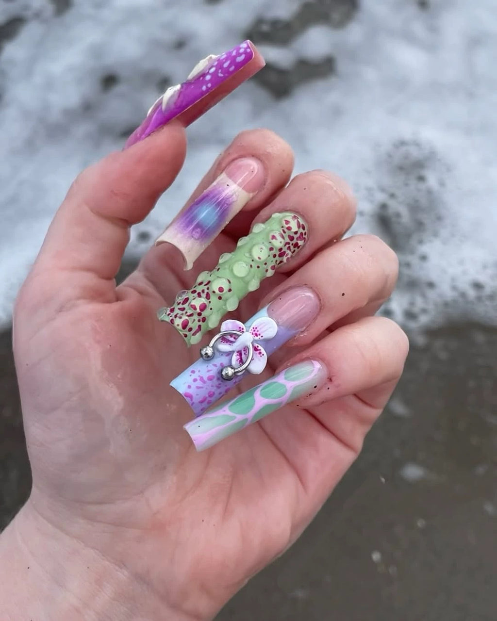 Bold 3D Floral Press-On Nails – Handmade Color Pop Design with Piercing Detail - Straight Square