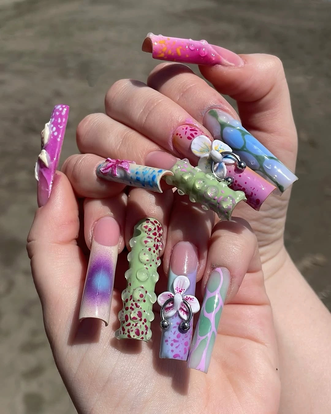 Bold 3D Floral Press-On Nails – Handmade Color Pop Design with Piercing Detail - Straight Square