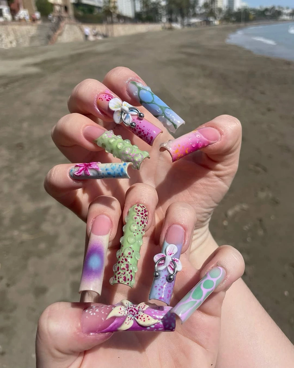 Bold 3D Floral Press-On Nails – Handmade Color Pop Design with Piercing Detail - Straight Square