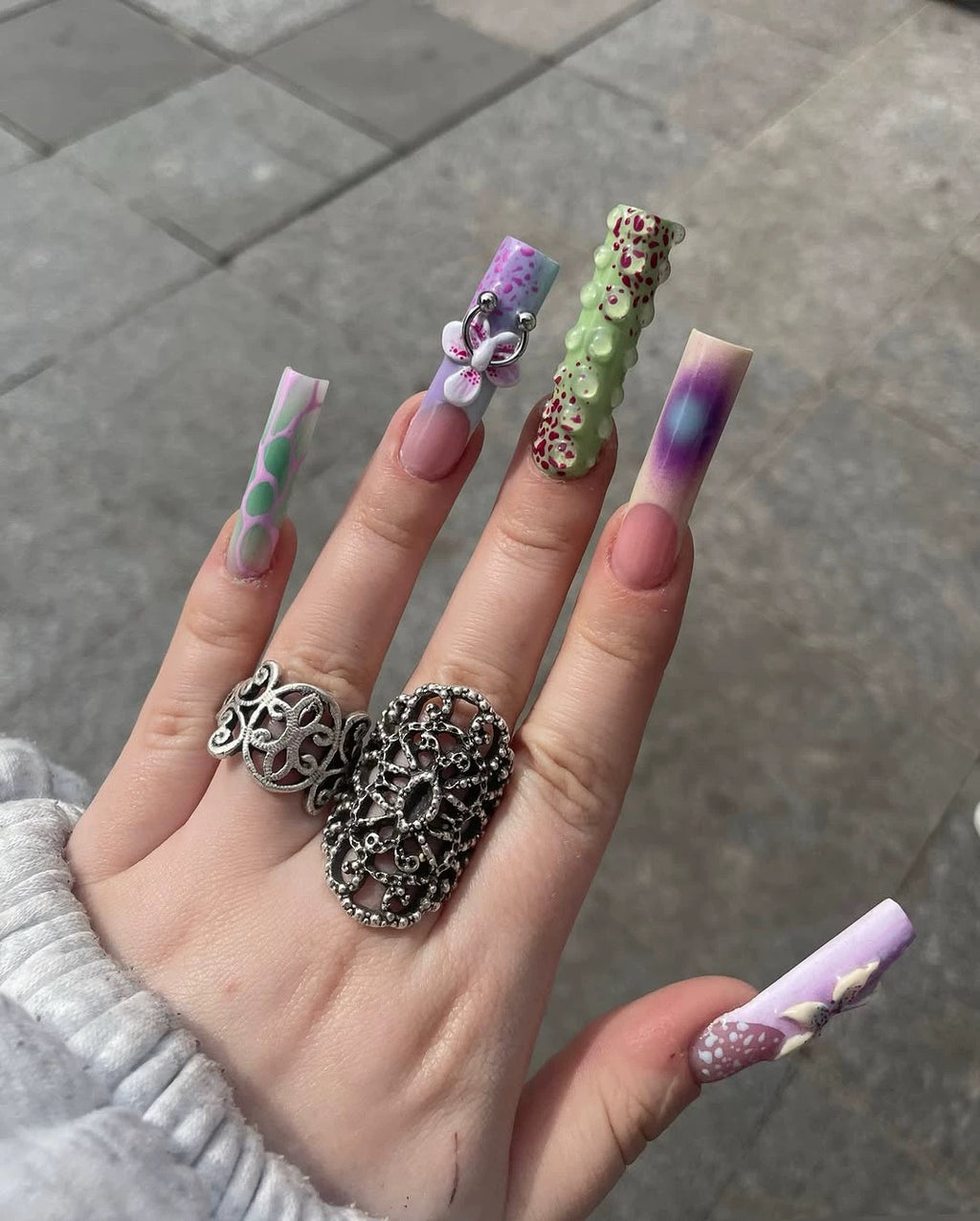 Bold 3D Floral Press-On Nails – Handmade Color Pop Design with Piercing Detail - Straight Square
